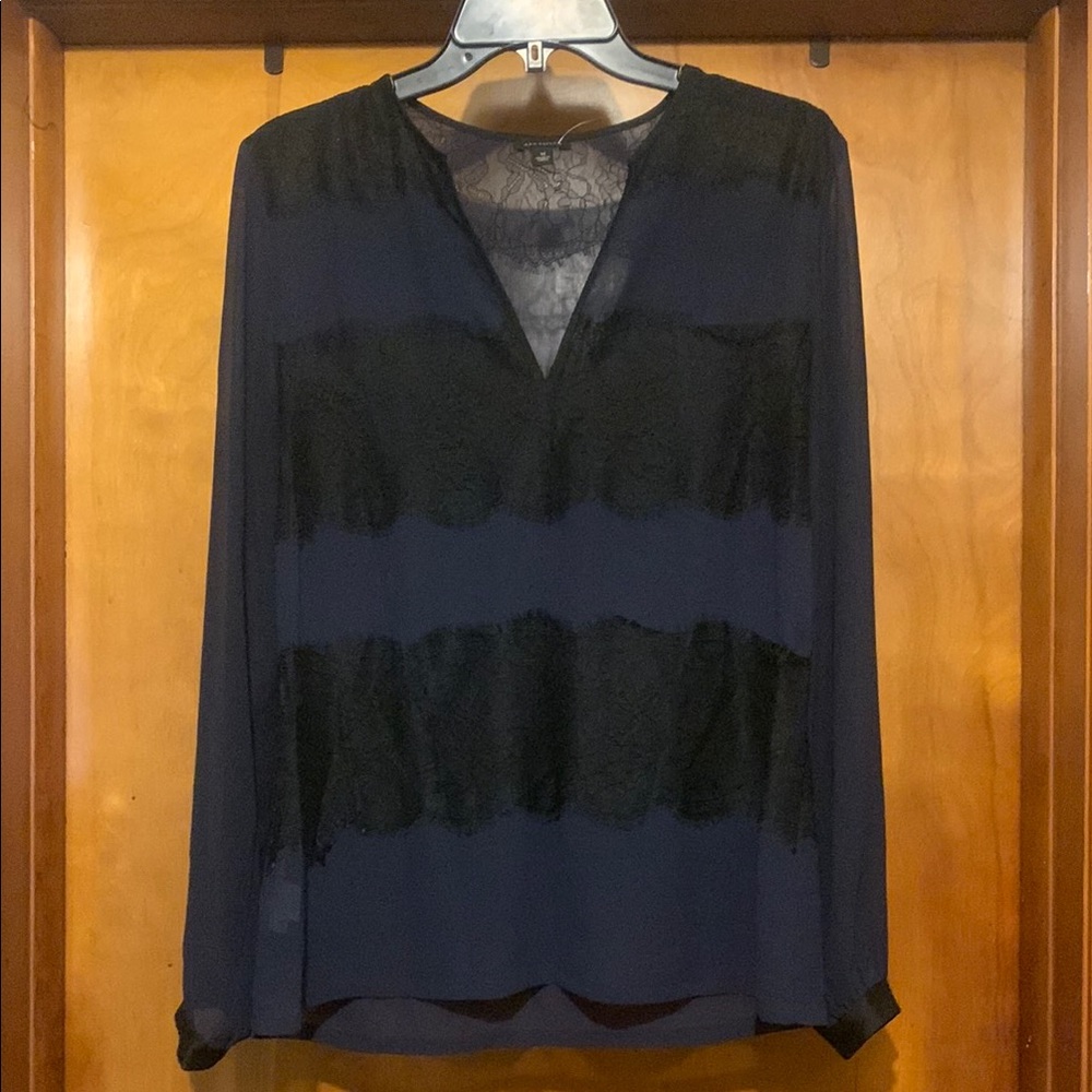 Ann Taylor Size M Blue/Black Sheer and Lace Color Block Top